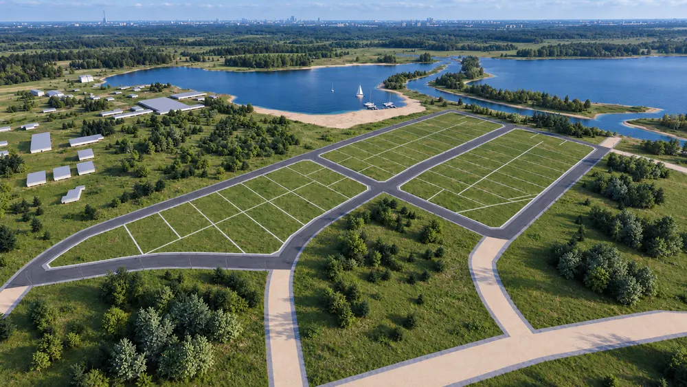 Juglas Parks zemes gabali pie Juglas ezera no putna lidojuma